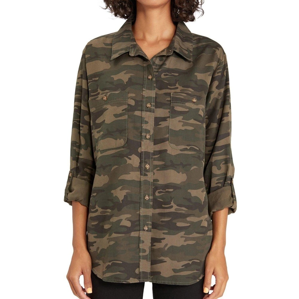 NWT Social Standard By Sanctuary XS $78 Tencel Camo Shirt Green Boyfriend Fit